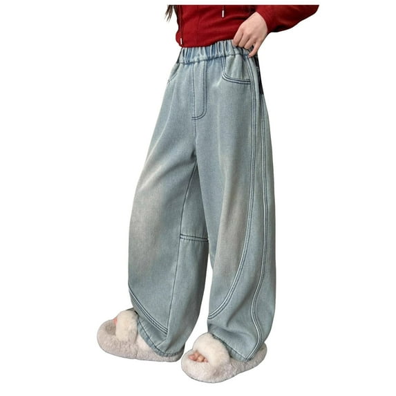 Sopiago Girls Jeans Elastic Waist Wide Leg Denim Pants Girls Baggy Jeans Light Blue,4-5 Years