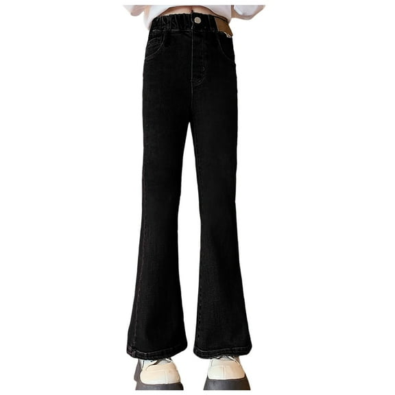 Sopiago Girls' Jeans Flare Bell Bottom High Elastic Waist Stretchy Denim Pants Cute Y2K Bootcut Streetwear with Pockets Black,12-13 Years