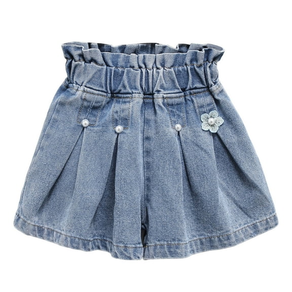 Sopiago Girls Jeans Shorts Toddler Cute Flower Ruffle Hem Pleated Denim Shorts for Girls Casual Loose Elastic Waist Pull On Jeans (Light Blue,3-4 Years)