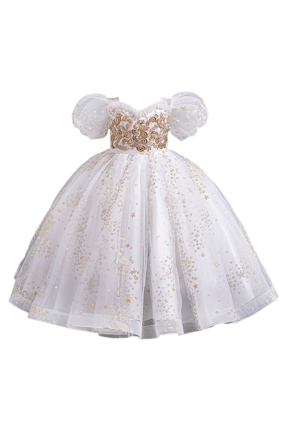 Girls Pageant Princess Flower Dress Kids Prom Puffy Ball Gowns White (5-6 Years)