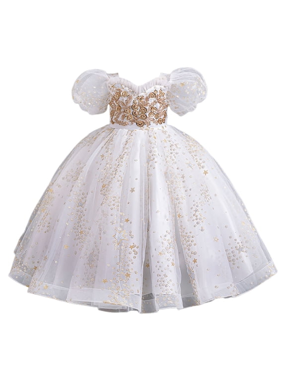 Girls Pageant Princess Flower Dress Kids Prom Puffy Ball Gowns White (5-6 Years)