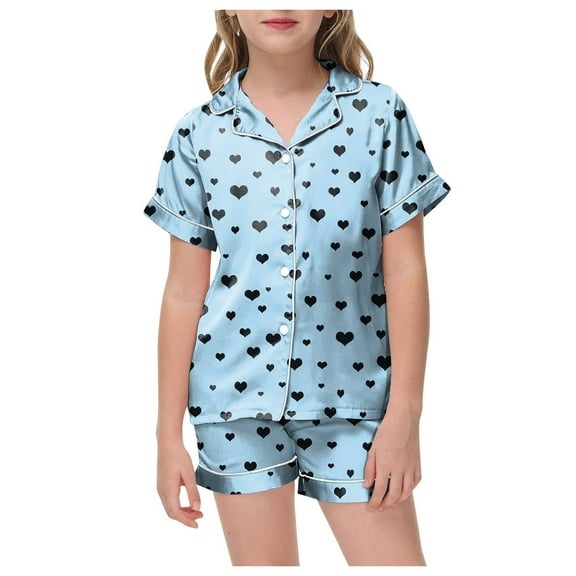 Sopiago Girls Pajamas Set Soft Short Sleeve Pjs Set Button-Down Sleepwear Nightwear Loungewear Light Blue,8-9 Years
