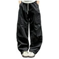 thumbnail image 1 of Sopiago Girls Parachute Pants Kids Wide Leg Cargo Pants for Girls Y2K Street Trousers with Pockets 13-14 Years,Black, 1 of 4