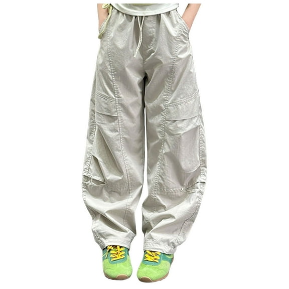 Sopiago Girls Parachute Pants Kids Wide Leg Cargo Pants for Girls Y2K Street Trousers with Pockets 15-16 Years,Beige