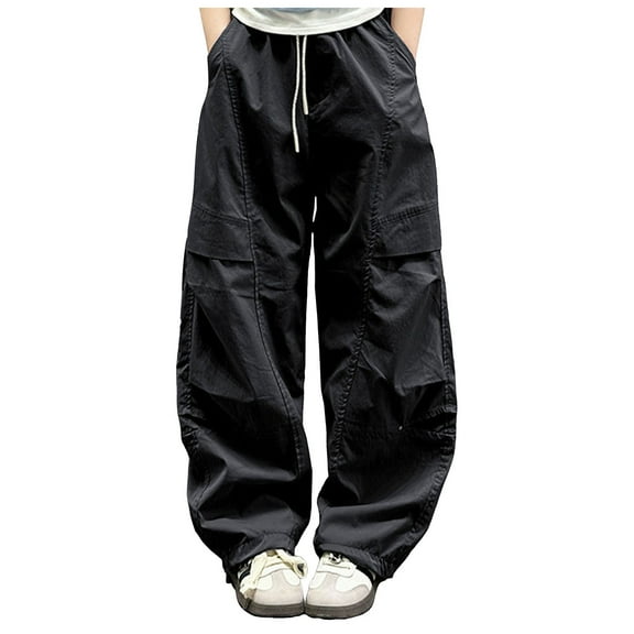 Sopiago Girls Parachute Pants Kids Wide Leg Cargo Pants for Girls Y2K Street Trousers with Pockets 15-16 Years,Black