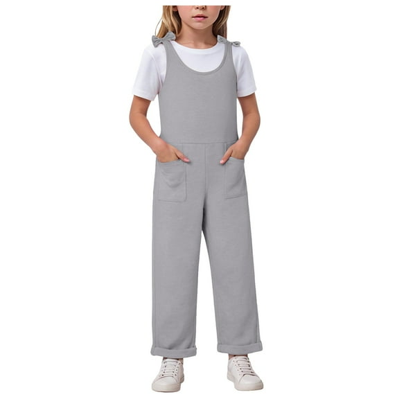 Sopiago Girls Romper Tie Strap Jumpsuit for Girls Sleeveless Outfits Overalls Wide leg Elastic Clothes Long Pants with Pockets Grey,7-8 Years
