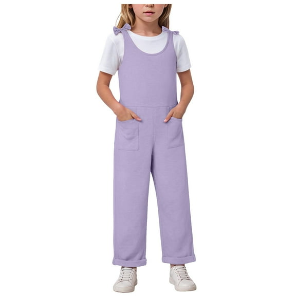 Sopiago Girls Romper Tie Strap Jumpsuit for Girls Sleeveless Outfits Overalls Wide leg Elastic Clothes Long Pants with Pockets Purple,11-12 Years