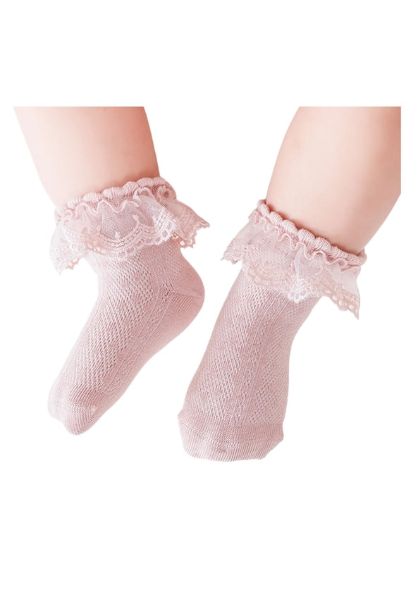 Girls Ruffle Socks Double Lace Frilly Dress Socks Kids Turn Cuff Socks for Toddler Little Girls Cotton Ankle Socks 3-5 Years,Light Pink