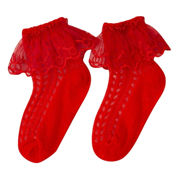 Sopiago Girls Ruffle Socks Double Lace Frilly Dress Socks Kids Turn Cuff Socks for Toddler Little Girls Cotton Ankle Socks 6-8 Years,Red