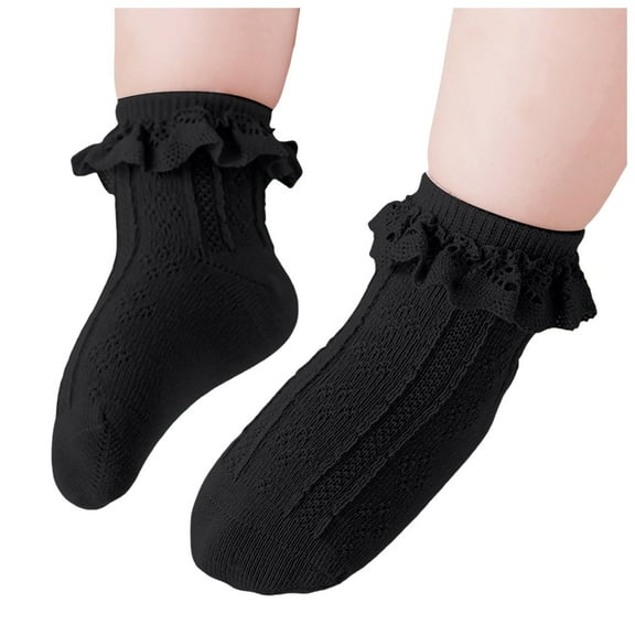 Sopiago Girls Ruffle Socks Toddler Double Lace Sock Turn Cuff Frilly Dress Socks Pageant with Ruffles Little Baby Girl Kids Cotton Ankle Socks 6-8 Years,Black
