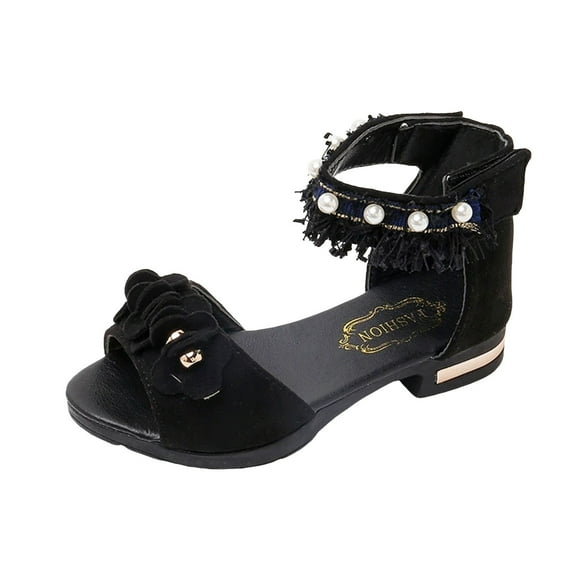 Sopiago Girls Sandals Low Heels Dress Pumps Ankle Strap Open Toe Flower Wedding Party Dress Shoes Girls Black,1.5 (Little Kid/Big Kid)