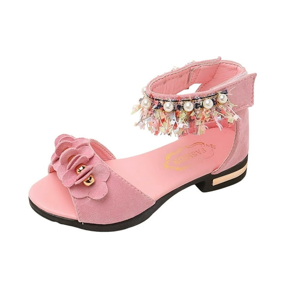 Sopiago Girls Sandals Low Heels Dress Pumps Ankle Strap Open Toe Flower Wedding Party Dress Shoes Girls Pink,11 (Little Kid/Big Kid)