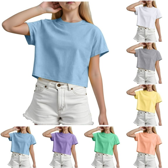Sopiago Girls Short Sleeve T Shirts Toddler Summer Solid Color Crop Tops Crewneck Fashion Girls Tee Shirts Sky Blue,12-18 Months