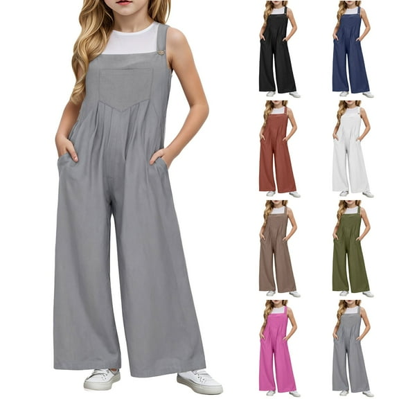 Sopiago Girls Sleeveless Jumpsuit Kids Overalls Casual Wide Leg Jumpsuit for Girls Loose Rompers with Pockets Grey,7-8 Years