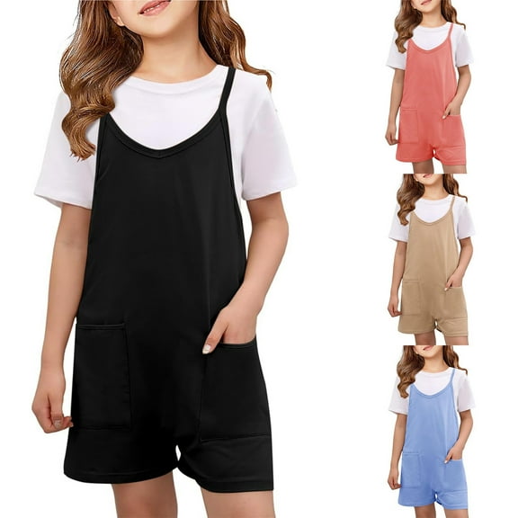 Sopiago Girls Summer Sleeveless Casual Romper Spaghetti Strap Shorts Jumpsuit for Girls with Pockets Black,7-8 Years