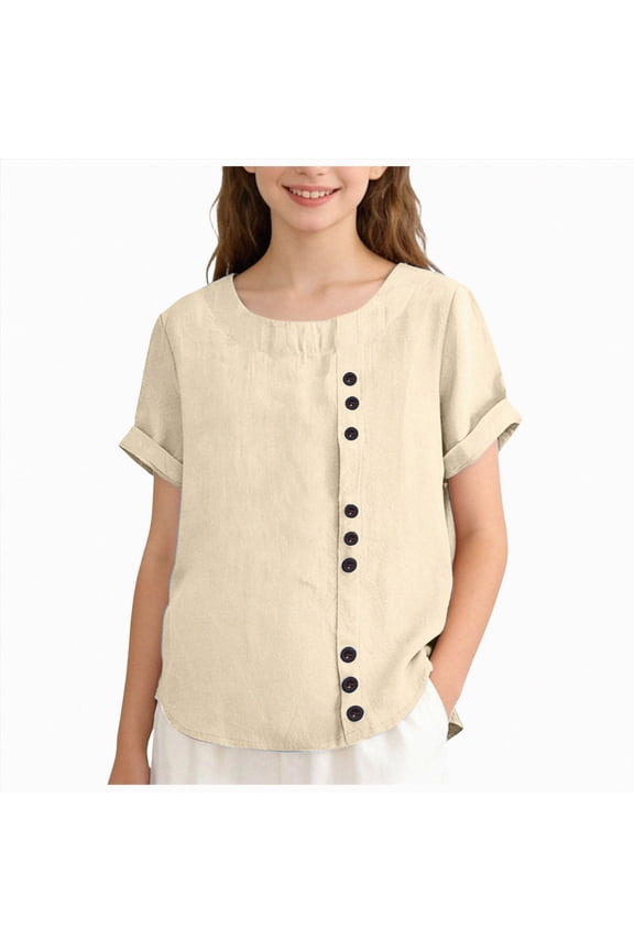 Girls Summer T Shirts Casual Cap Sleeve Crewneck Raglan Tops Girls Shirts Beige,11-12 Years
