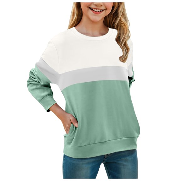Sopiago Girls Sweatshirts Casual Long Sleeve Solid Shirt Loose Fit Color Block Tops with Pockets Green,10-11 Years