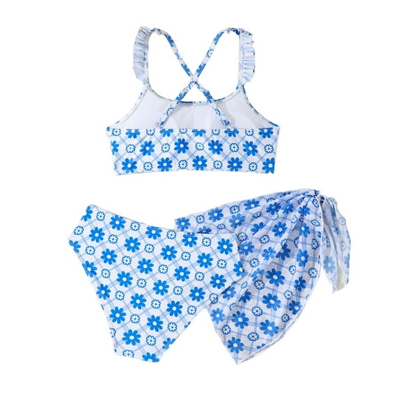 Sopiago Girls Swimsuit 3 Piece Bathing Suit Criss Cross Bikini Set Girls' Swimwear with Beach Skirt Blue,7-8 Years