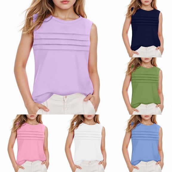 Sopiago Girls Tank Tops Kids Soft Cotton Round Neck Sleeveless Athletic Undershirt for Girls Purple,5-6 Years