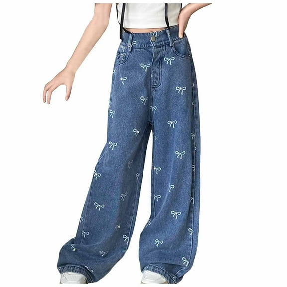 Sopiago Girls Wide Leg Jeans Wide Leg Baggy Denim Pants High Elastic Waisted Cute Bow Trousers Casual Girls Streetwear Blue,4-5 Years