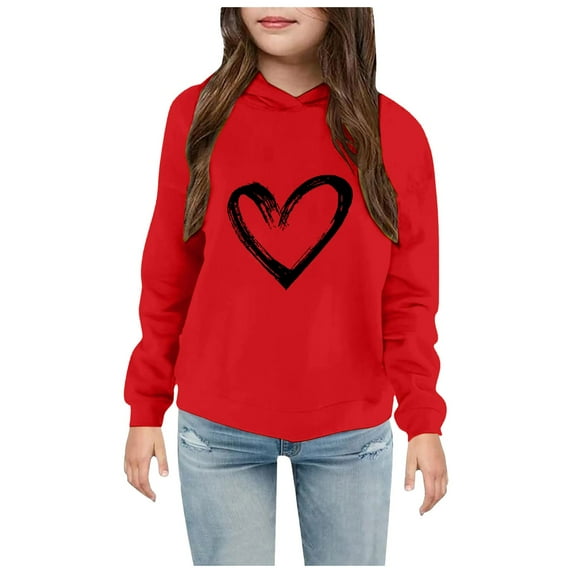 Sopiago Hoodies Girls Casual Long Sleeve Cute Lightweight Pullover Tops Loose Solid Heart Print Sweatshirt Red,5-6 Years
