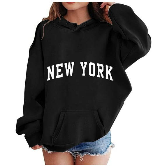 Sopiago Hoodies for Girls New York Graphic Letter Print Pullovers Tops Long Sleeve Casual Cute Pullover Tops Black,100