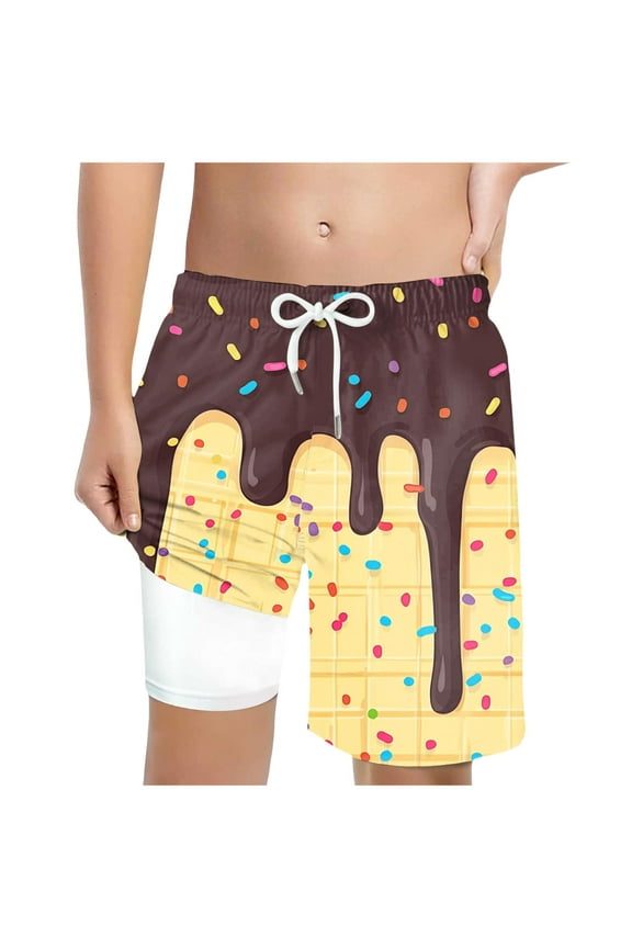 Ice Cream Swim Trunks Boys Summer Beach Cute Preppy Athletic Shorts with Pockets Elastic Waist Boys Baseball Shorts (Coffee,13-14 Years)