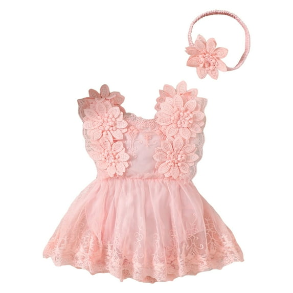 Sopiago Baby Girl Lace Romper Baby Tulle Dress Romper Flowers Bodysuit Spring Summer Festival Clothes with Headband Pink,0-3 Months