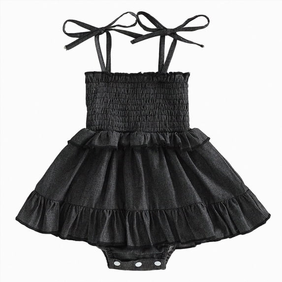 Sopiago Infant Baby Girl Summer Clothes 0-18T Denim Romper Dress Newborn Baby Outfits Sleeveless Tie Up Shoulder Smocked Ruffle Bodysuit Black,3-6 Months