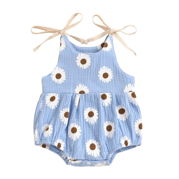 Sopiago Baby Girl Floral Romper Baby Spaghetti Strap One Piece Jumpsuit for Baby Girl Short Summer Overall Clothes (Light Blue,6-12 Months)