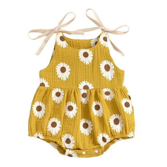 Sopiago Baby Girl Floral Romper Baby Spaghetti Strap One Piece Jumpsuit for Baby Girl Short Summer Overall Clothes (Yellow,6-12 Months)