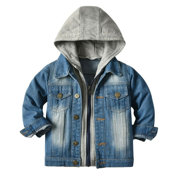 Sopiago Kids Boys Gilrs Hooded Denim Jacket Outwear Spring New Denim Jacket Coat Zipper Outwear Grey,6-7 Years