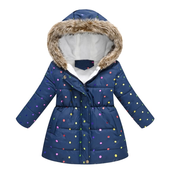 Sopiago Kids Girl Jacket Cute Printed Hooded Warm Children Girls Winter Coat Kids Teenage Cotton Children Outerwear with Zipper Dark Blue,4-5 Years