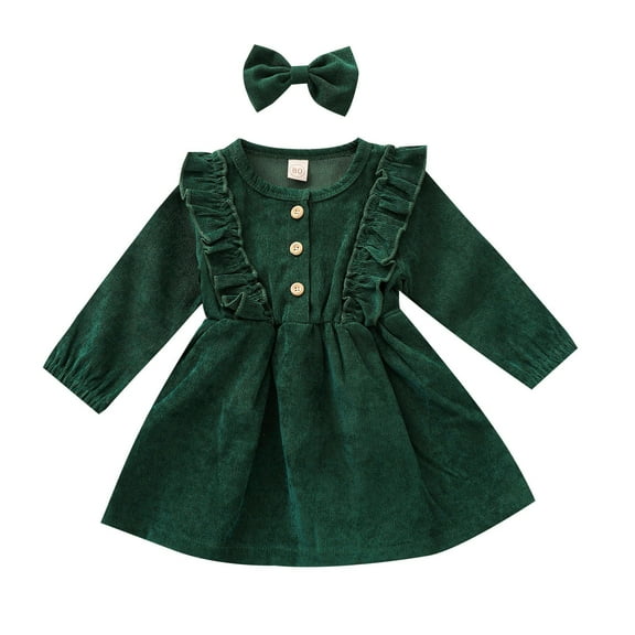 Sopiago Kids Toddler Baby Girl Corduroy Ruffle Long Sleeve Dress Princess Party Dress Fall Winter Skirt Outfit Green (3-4 Years)