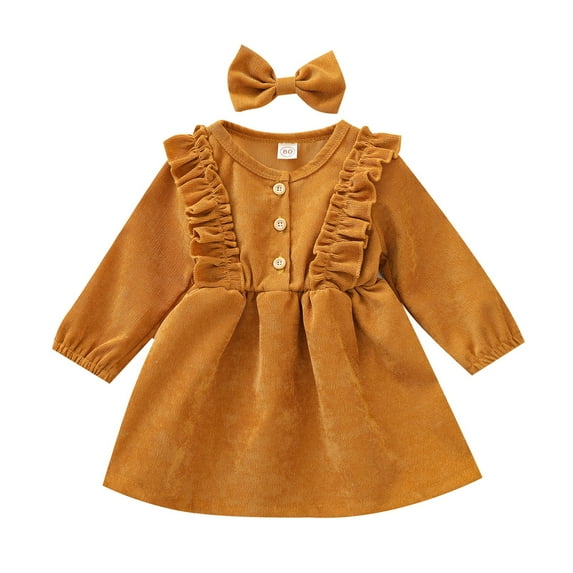 Sopiago Kids Toddler Baby Girl Corduroy Ruffle Long Sleeve Dress Princess Party Dress Fall Winter Skirt Outfit Yellow (2-3 Years)