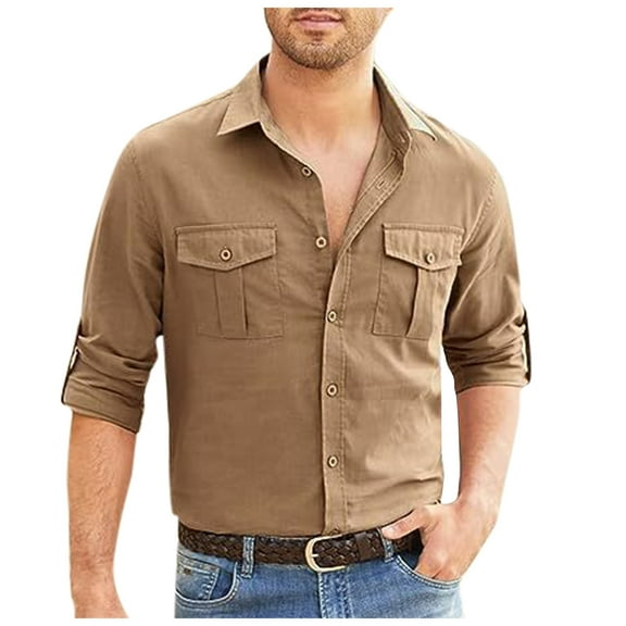 Sopiago Linen Mens Shirt Dress Shirts Casual Solid Mens Button Down Long Sleeve Shirt Regular Oxford Tops with Pocket Khaki,XXL