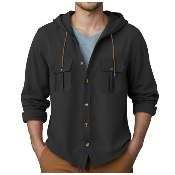Sopiago Linen Shirt Men Long Sleeve Casual Hooded Sweatshirts Summer Hawaiian Men's Button Down Shirts Roll-Up Sleeve Tops Tees Beach Black,XXL