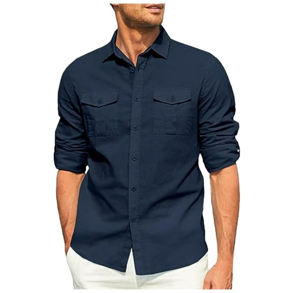 Sopiago Linen Shirts for Men Big and Tall Cotton Linen Shirts Casual Mens Button Down Shirts Long Sleeve Solid Color Long Sleeve Work Tops 2025 Fall Blouses Navy,4XL