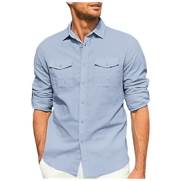 Sopiago Linen Shirts for Men Casual Men's Long Sleeve Button Down Shirts Regular Fit Cotton Beach Shirts with Pocket Light Blue,L