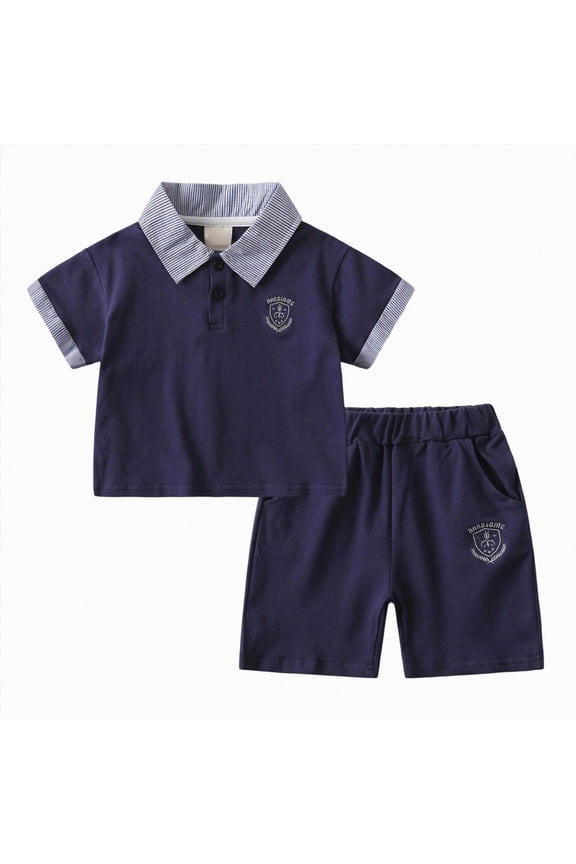 Little Boys Summer Outfit School Uniform Navy Blue Crest Embroidery Short Sleeve Polo Shirt with Shorts 2 PCS Set(Navy,2-3 Years)