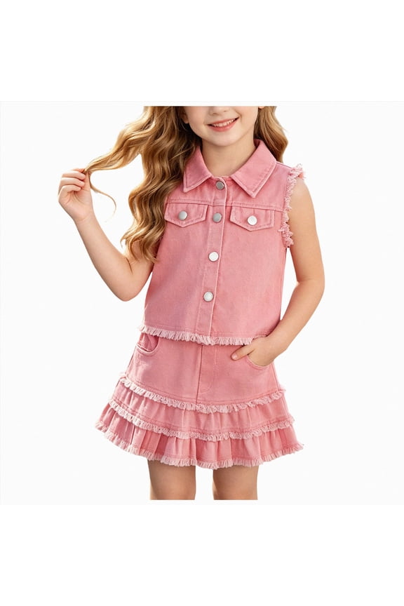 Little Girls Cowgirl Outfits 2Pcs Skirt Set Denim Jeans Button Down Vest Top Ruffle Tiered Skirts Western Clothes Pink,2-3 Years