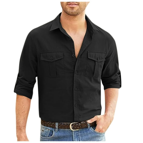 Sopiago Men's Button Down Shirts Dress Shirts Casual Solid Mens Linen Shirts Long Sleeve Regular Oxford Tops with Pocket Black,XL