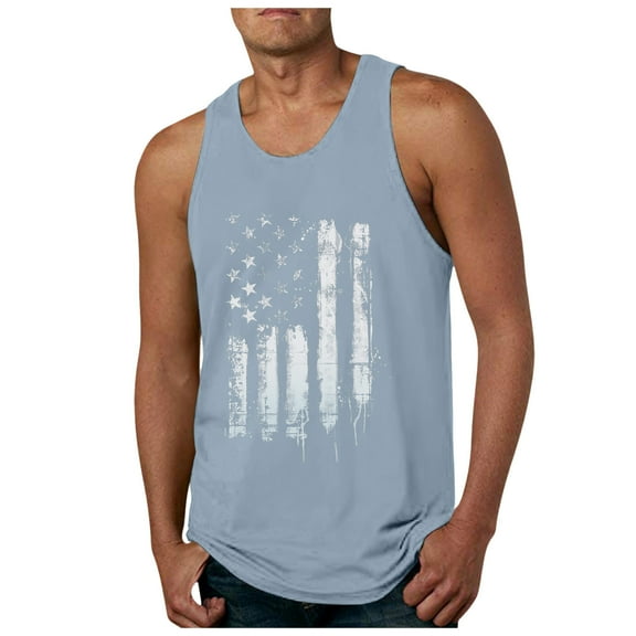 Sopiago Men's Casual Muscle Tank Tops 4th Of July Shirts for Men American Flag Print Sleeveless Workout Tank Tops for Men Patriotic Tees Light Blue,XL