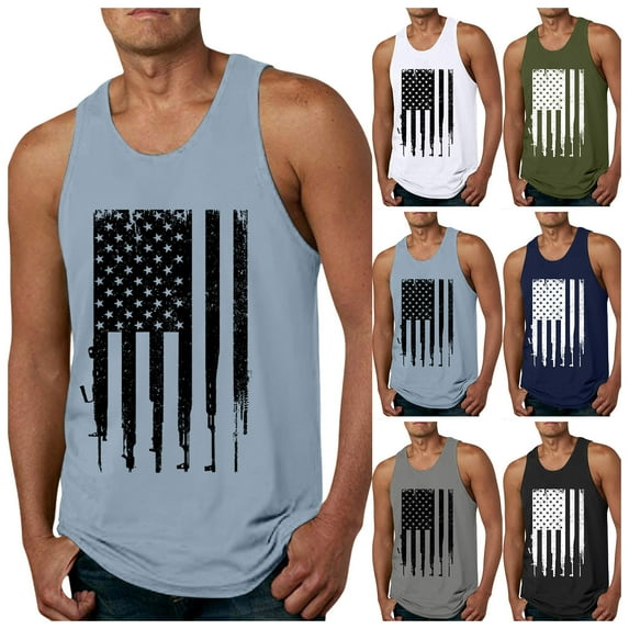 Sopiago Men's Casual Muscle Tank Tops 4th Of July Shirts for Men American Flag Print Sleeveless Workout Tank Tops for Men Patriotic Tees Light Blue,XXL
