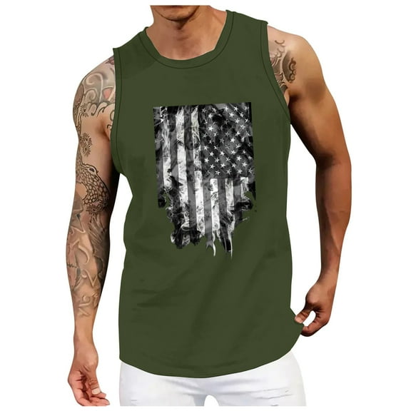 Sopiago Men's Casual Muscle Tank Tops 4th Of July Shirts for Men American Flag Print Sleeveless Workout Tank Tops for Men Patriotic Tees Green,XL