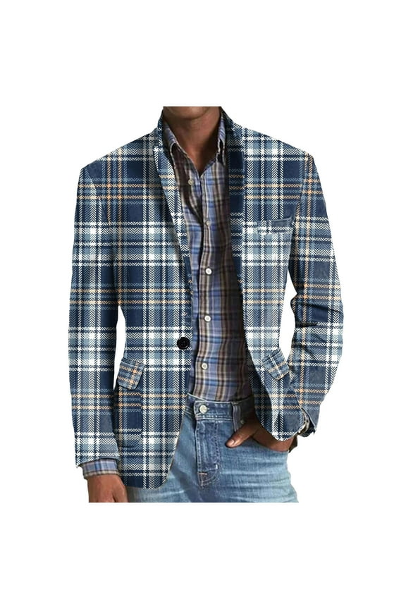 Men's Classic Plaid Sport Coats Casual One Button Single Notched Lapel Checked Jacket Suit for Men Blue,3XL