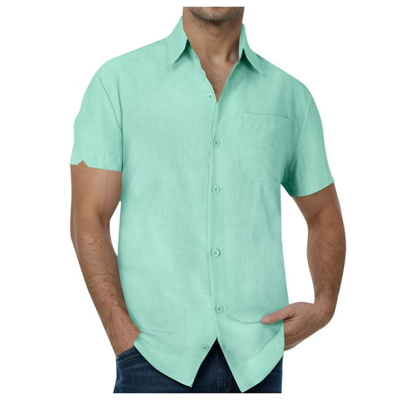 Sopiago Men's Dress Shirts Stretch Stain Shield Casual Men Button Down Shirt Short Sleeve Solid Formal Shirt Light Green,M