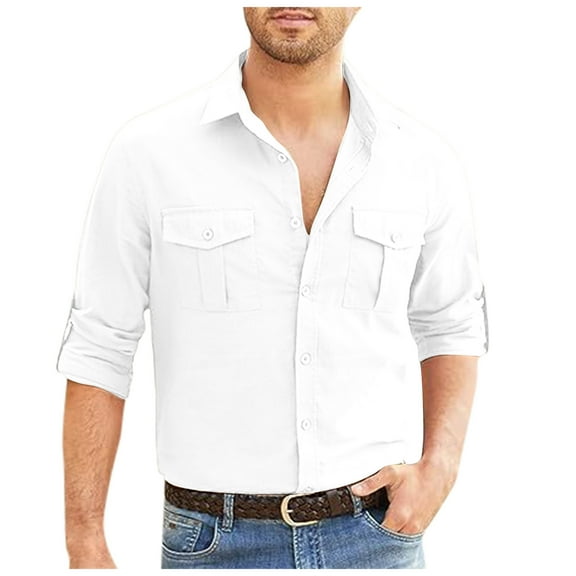 Sopiago Men's Linen Shirts Dress Shirts Casual Solid Button Down Shirt Men Long Sleeve Regular Oxford Tops with Pocket White,M