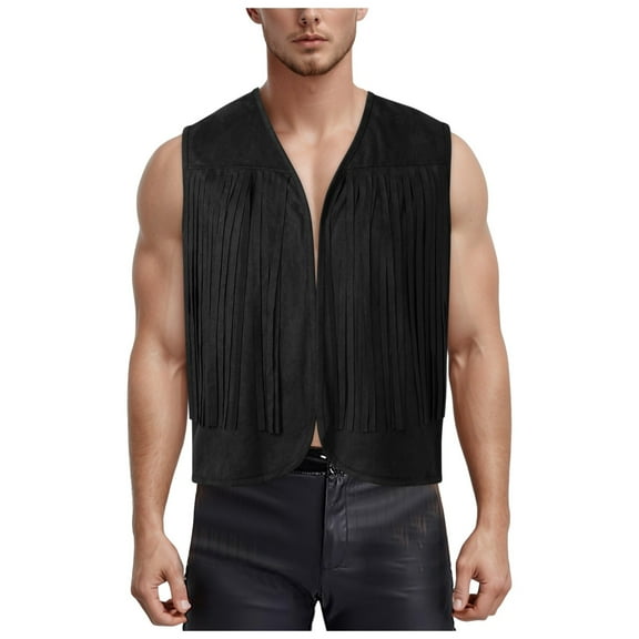 Sopiago Men's Open Front Sleeveless Fringe Hem Party Club Jacket Vest Outerwear Prom Fringe Vest Men Black,XXL
