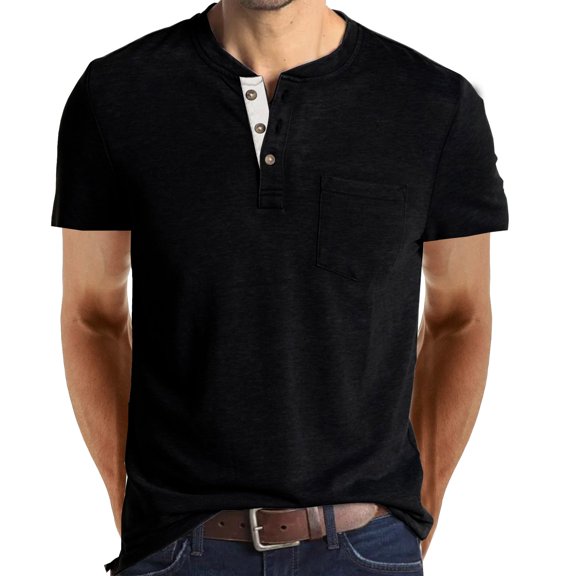 Sopiago Men's Short Sleeve Henley Shirts Cotton Linen Shirt Casual Beach Outfit Dress Shirt Black,XXL